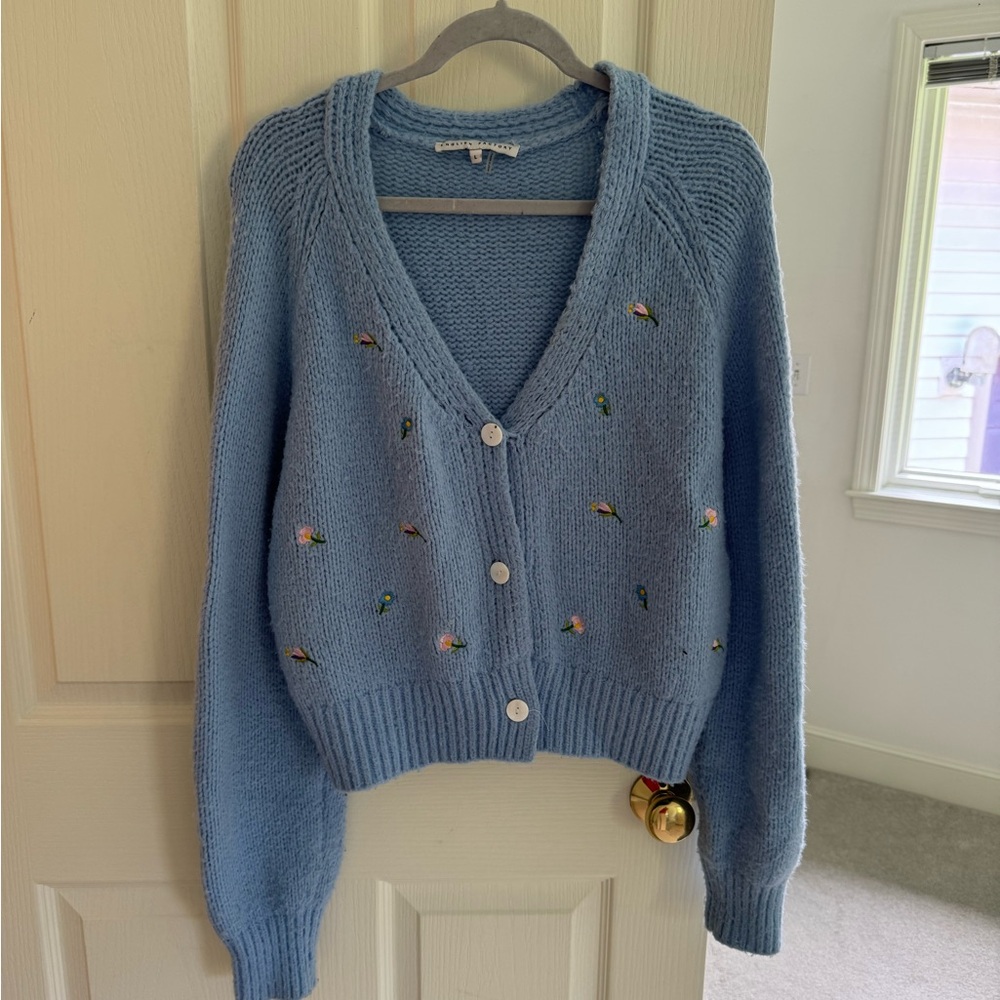 English Factory Powder Blue V-Neck Embroidered Cardigan Sweater
